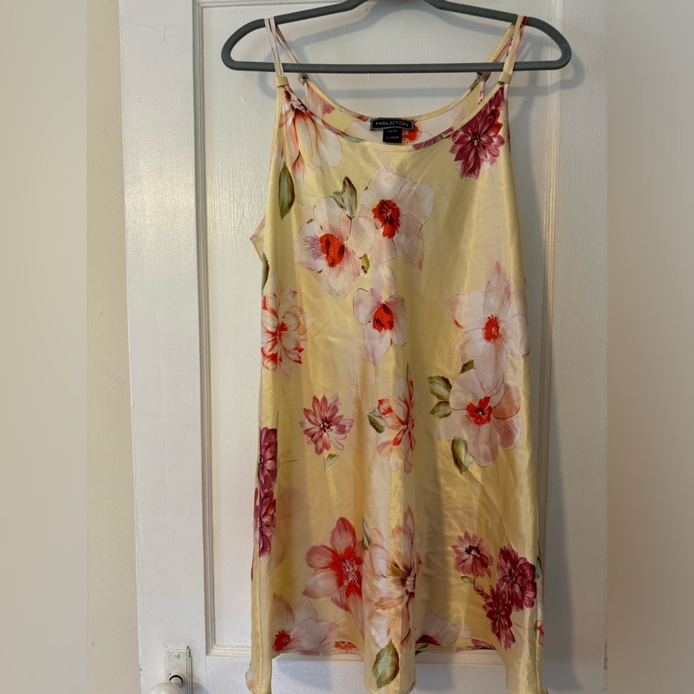 Vintage HALSTON heritage satin yellow slip mini dress with flower detailing